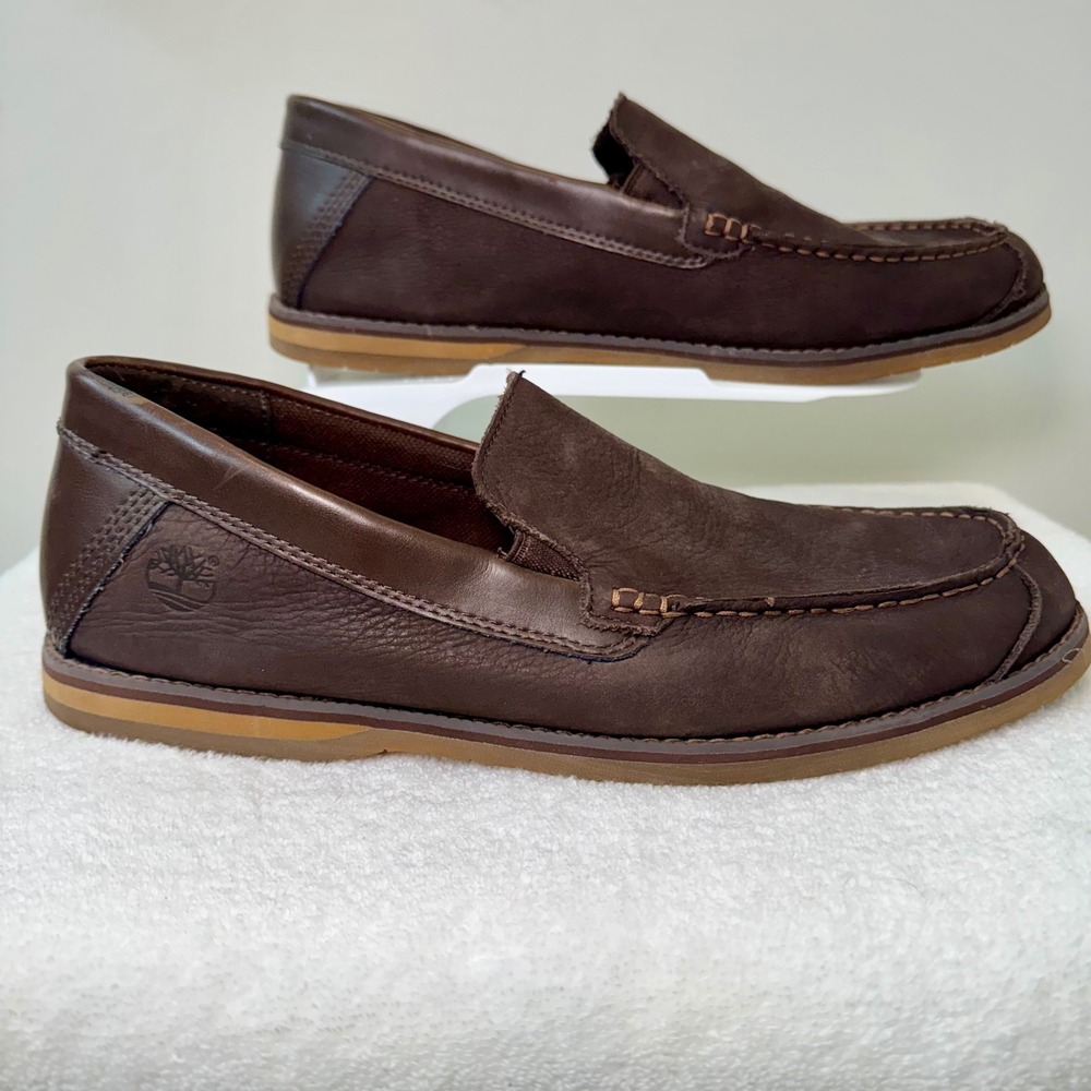 Timberland Men Dark Brown Leather Slip On Loafer Shoes‎ Size 10